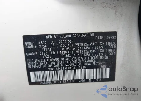 2023 Subaru Outback Premium из США, поврежденный, VIN 4S4BTAFC4P3111310